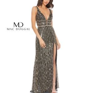 Mac Duggal 5232D V Neck Empire Waist Sheath Shimmer Gown